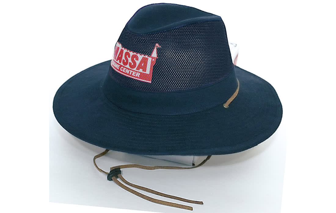 A navy collapsible cotton twill hat with a soft mesh top and a logo, featuring a chin strap for secure wearing. Collapsible Cotton Twill & Soft Mesh Hat - Image 1
