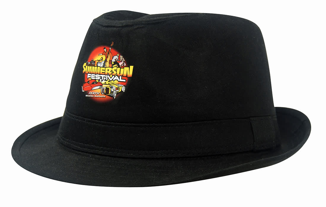 A black cotton twill fedora hat featuring a logo on the front. The hat has a classic wide brim design. Fedora Cotton Twill Hat - Image 1