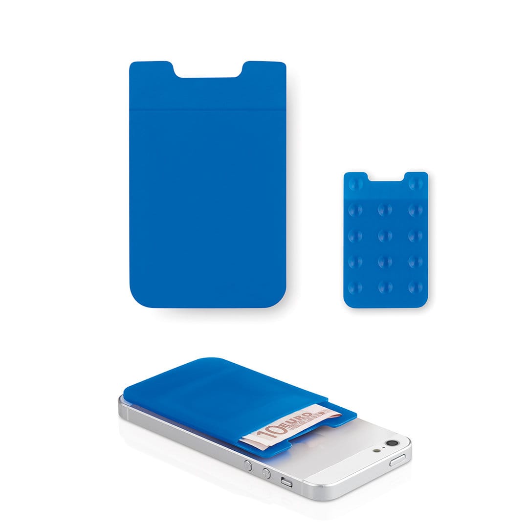A blue multipurpose pouch with a textured back, designed to hold cards and cash, displayed with a smartphone. Lotek Multipurpose Pouch - Image 1