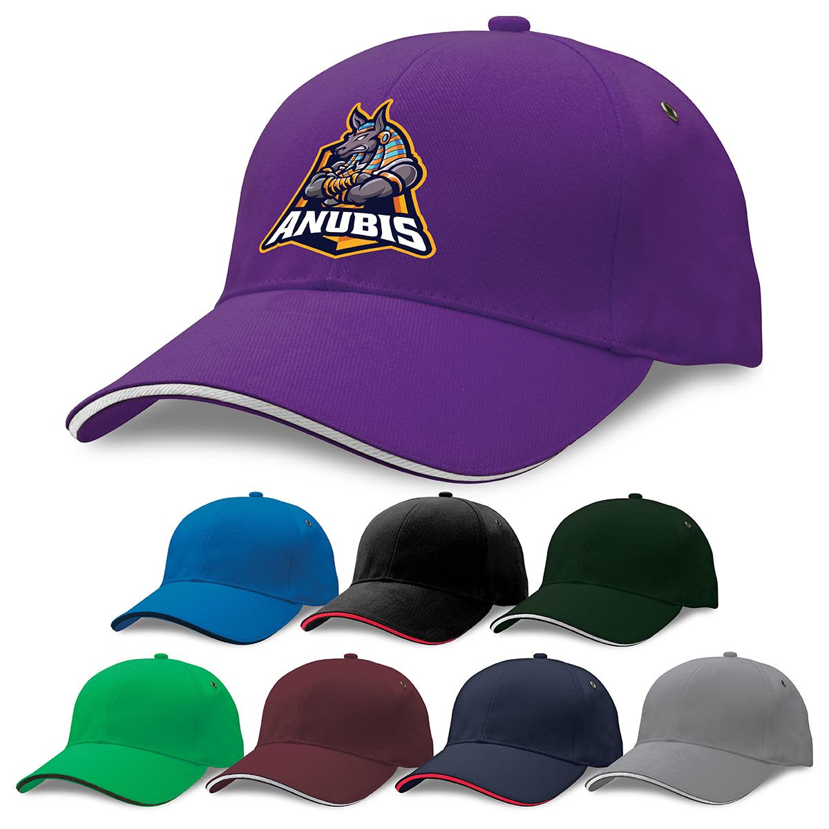 A purple cap featuring a logo, surrounded by caps in black, green, navy, maroon, and grey. Sandwich Peak Cap - Image 1