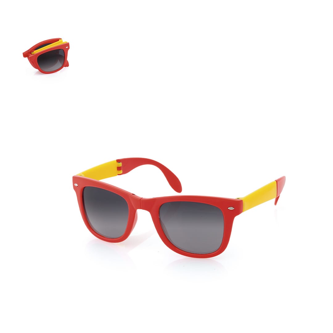 Red sunglasses with yellow accents, featuring a stylish design and a logo on the side. Stifel Sunglasses - Image 1