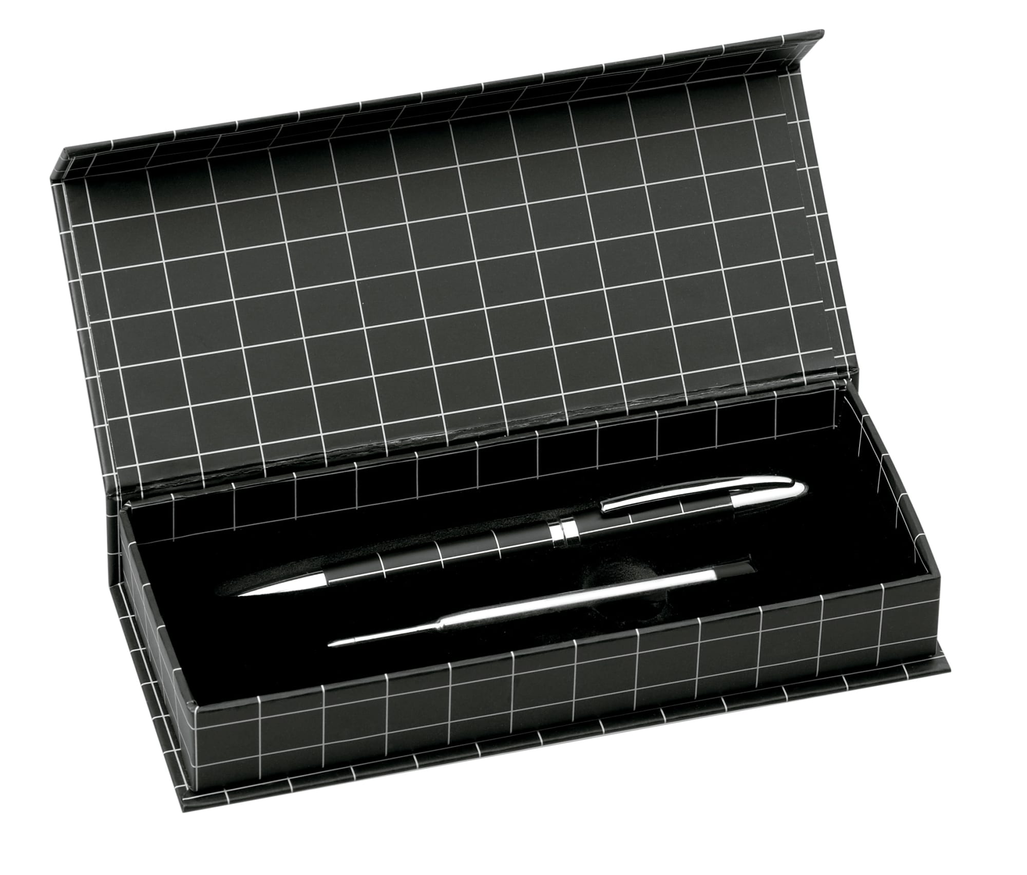 A metal pen in a black and silver design, presented in an open black grid-patterned gift box. Dacox Pen - Image 1