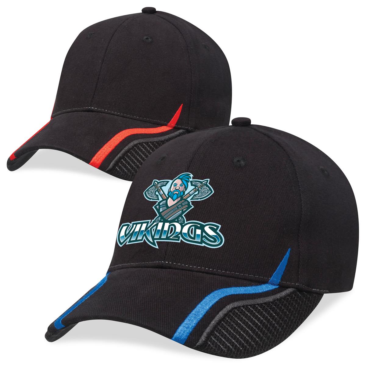 A black cap featuring a logo and coloured accents in red and blue on the sides. Downforce Cap - Image 1