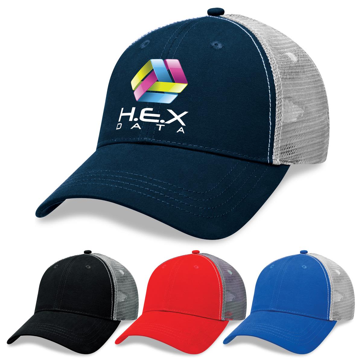 A Lo-Pro Mesh Trucker Cap in navy with a logo, accompanied by caps in black, red, and blue. Lo-Pro Mesh Trucker Cap - Image 1