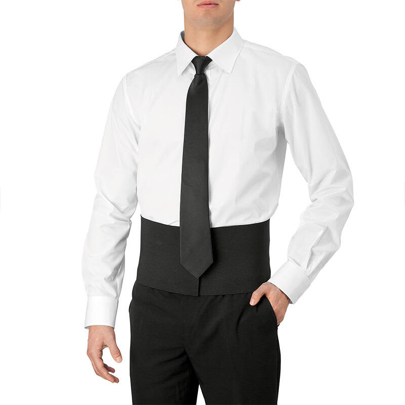 A black cummerbund worn over a white dress shirt and black tie, featured on a male mannequin. Cummerbund - Image 1
