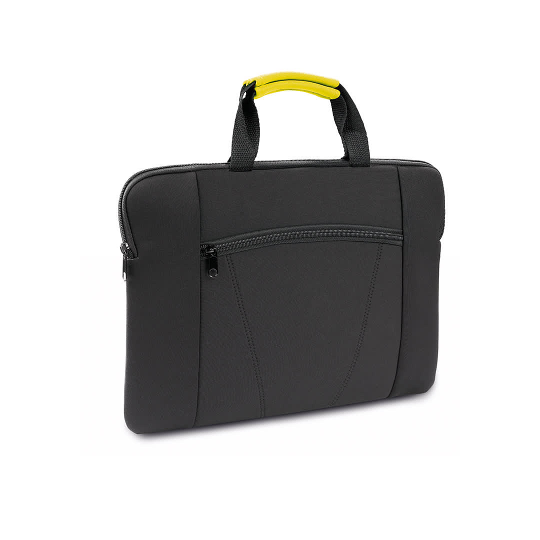 A black laptop pouch featuring a yellow handle and a zipped front pocket. It has a sleek, modern design. Xenac Laptop Pouch - Image 1