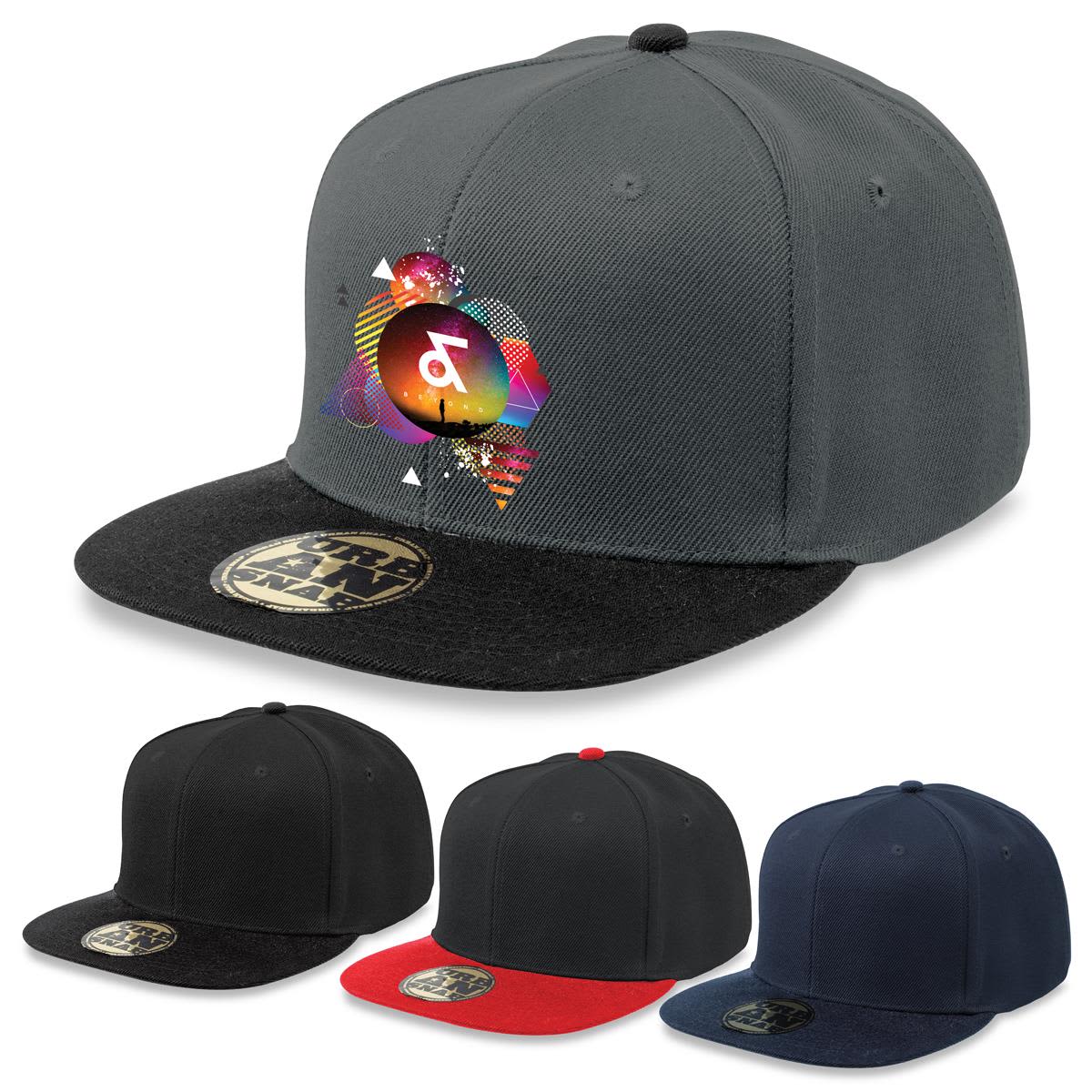 A grey cap with a black peak and a colourful geometric design, accompanied by options in black, dark green, and red. Urban Snap - Image 1