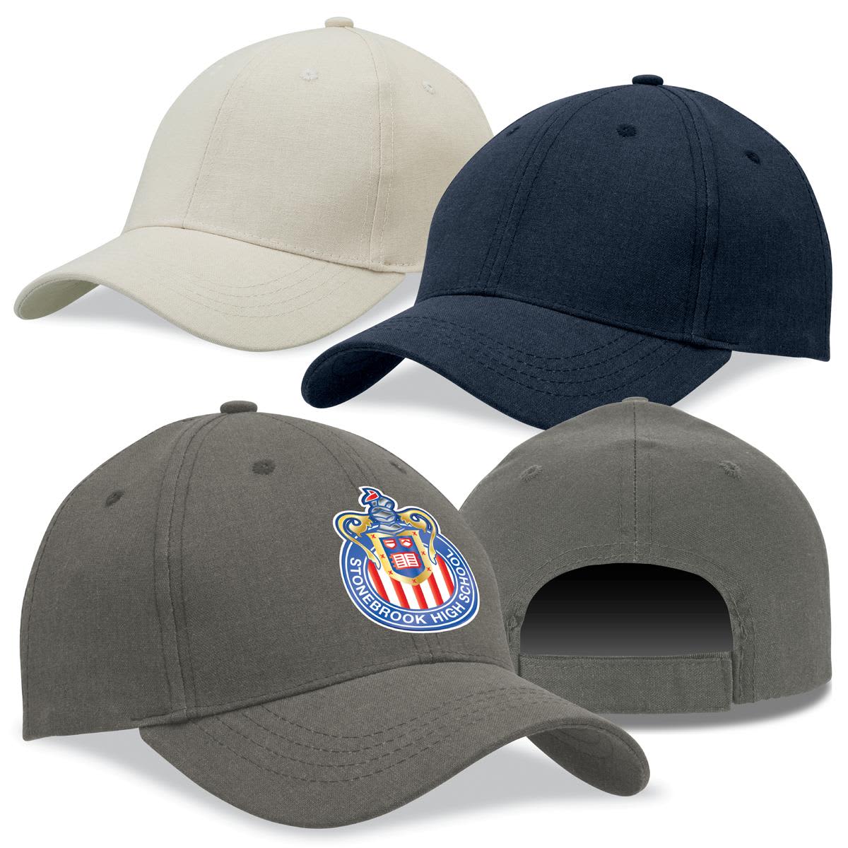 Various caps in beige, navy, and olive green, featuring a logo on one of the hats. Hemp Cap - Image 1