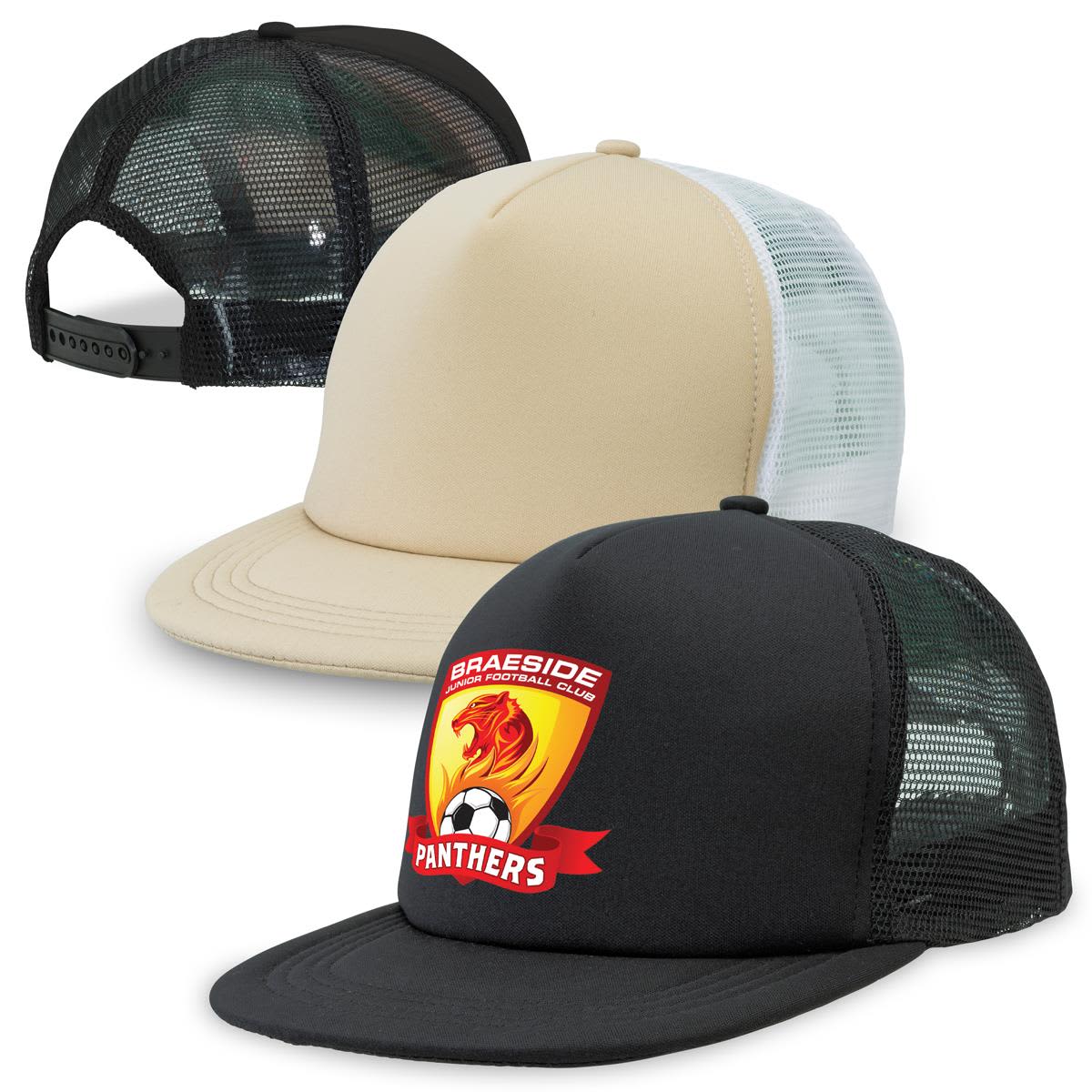 Three trucker caps in black, beige, and black with a logo, featuring a flat peak and mesh back. Flat Peak Trucker - Image 1