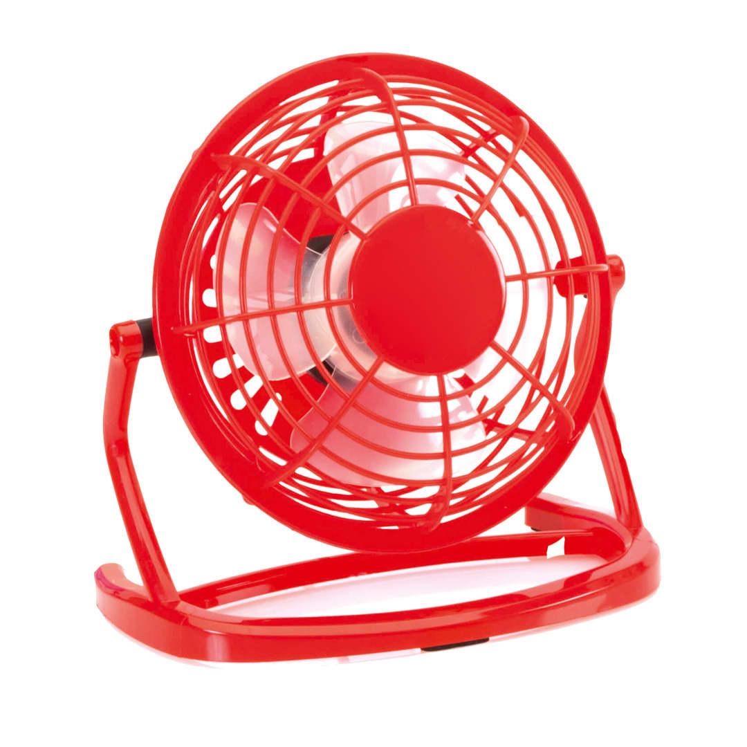 A red mini fan with a circular design and a sturdy base, featuring a logo on the front. Miclox Mini Fan - Image 1