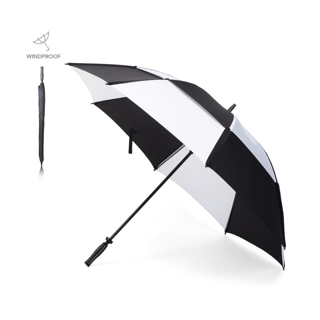 A black and white windproof golf umbrella with a curved handle and a compact design when folded. Budyx Golf Umbrella - Image 1