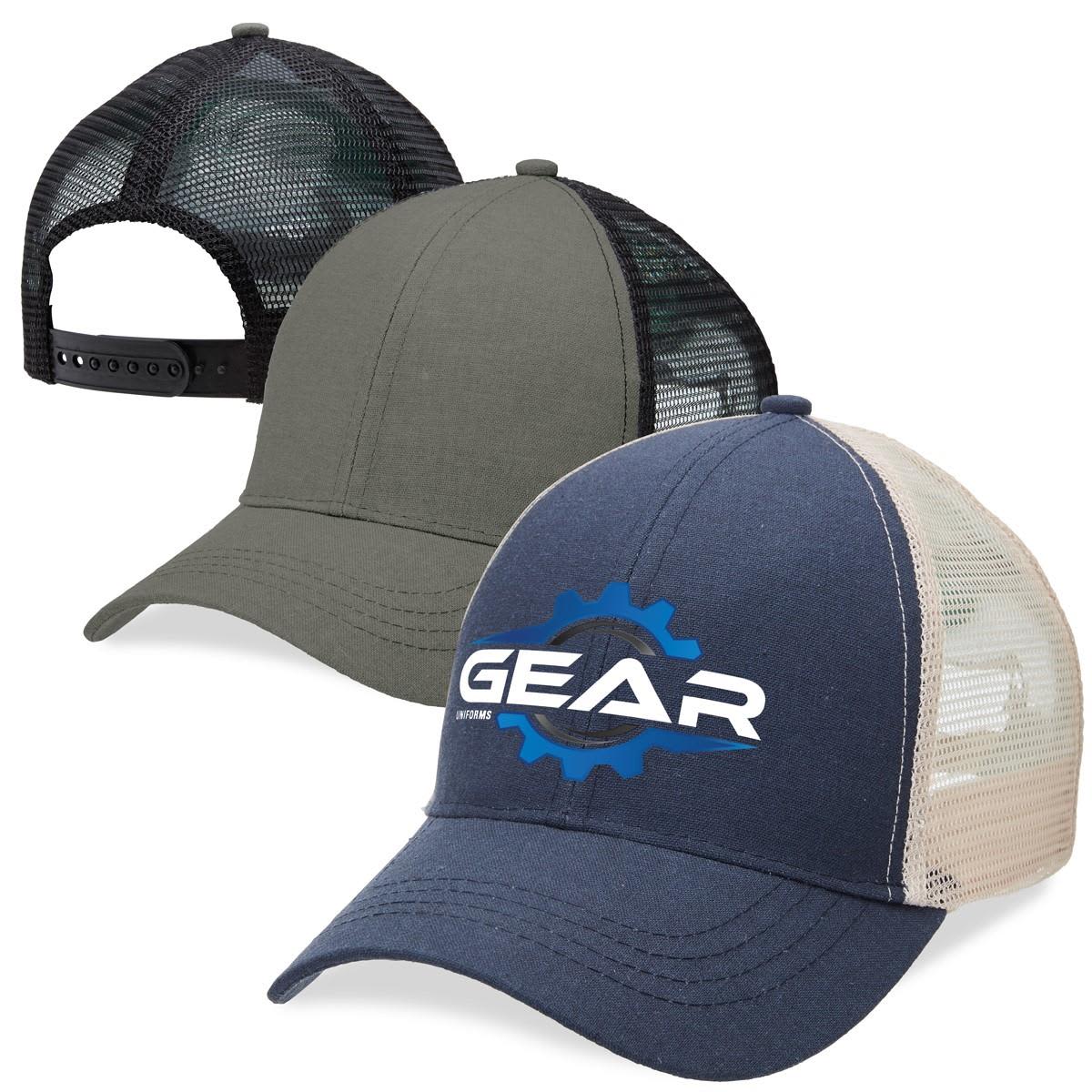 A collection of three trucker caps featuring a navy blue cap with a logo, an olive green cap, and a black mesh cap. Hemp Trucker - Image 1