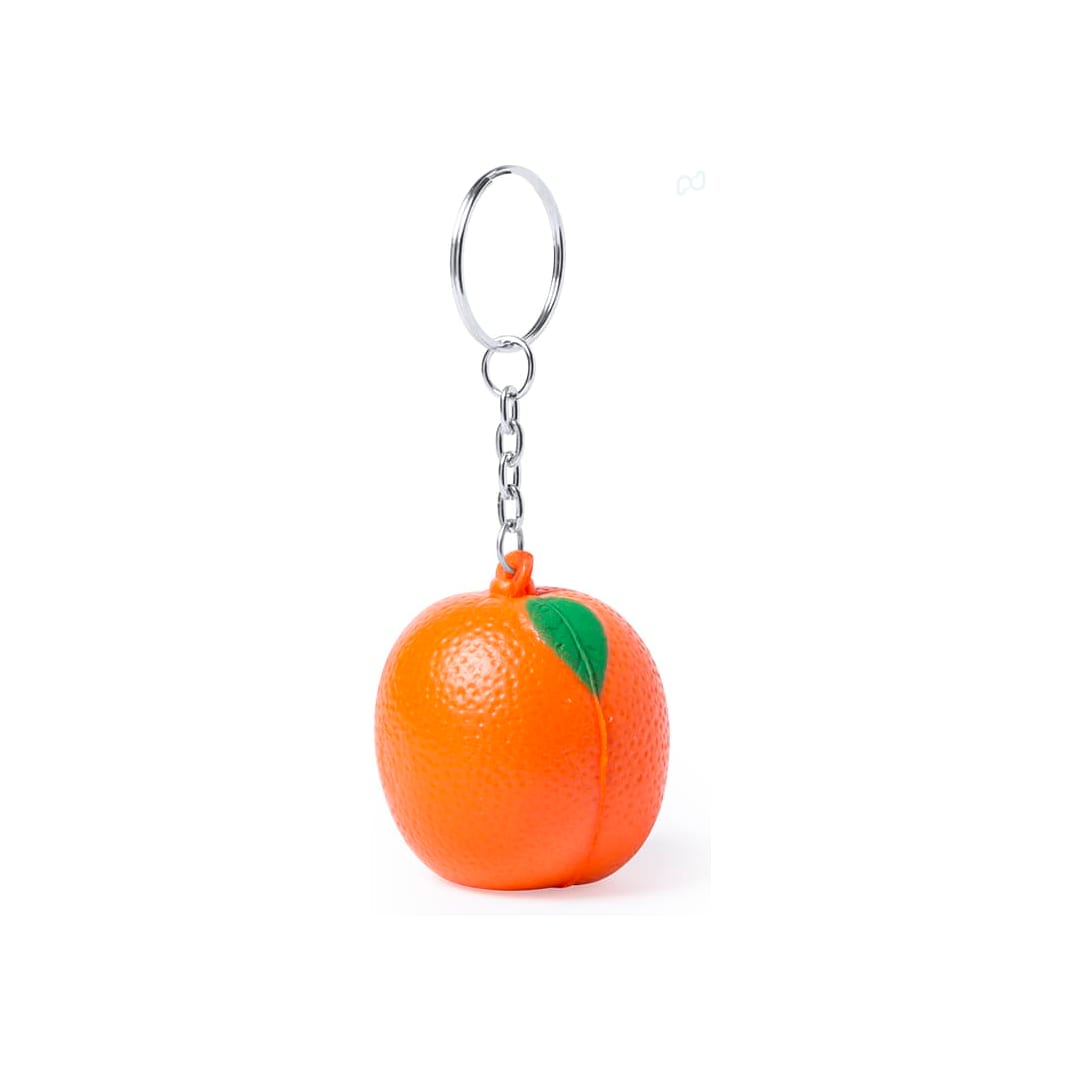 An orange stress keyring with a textured surface and a green leaf, attached to a silver metal chain. Fruty Antistress Keyring - Image 1