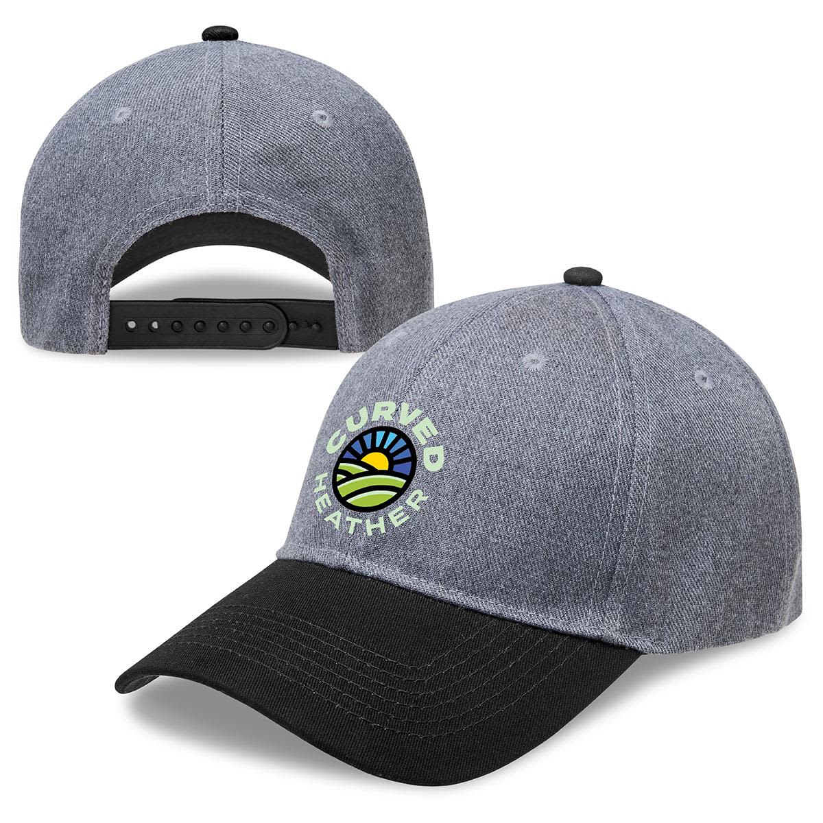 A curved cap in heather grey with a black peak and a logo on the front. Features an adjustable strap at the back. Curved Heather - Image 1
