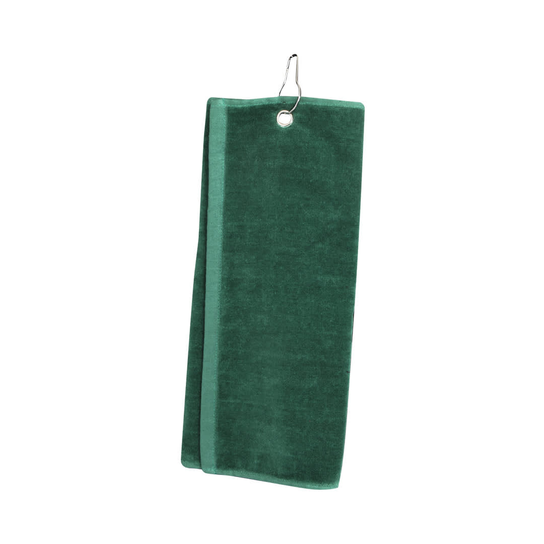 A green golf towel with a hanging loop, featuring a soft texture and a solid colour. Tarkyl Golf Towel - Image 1