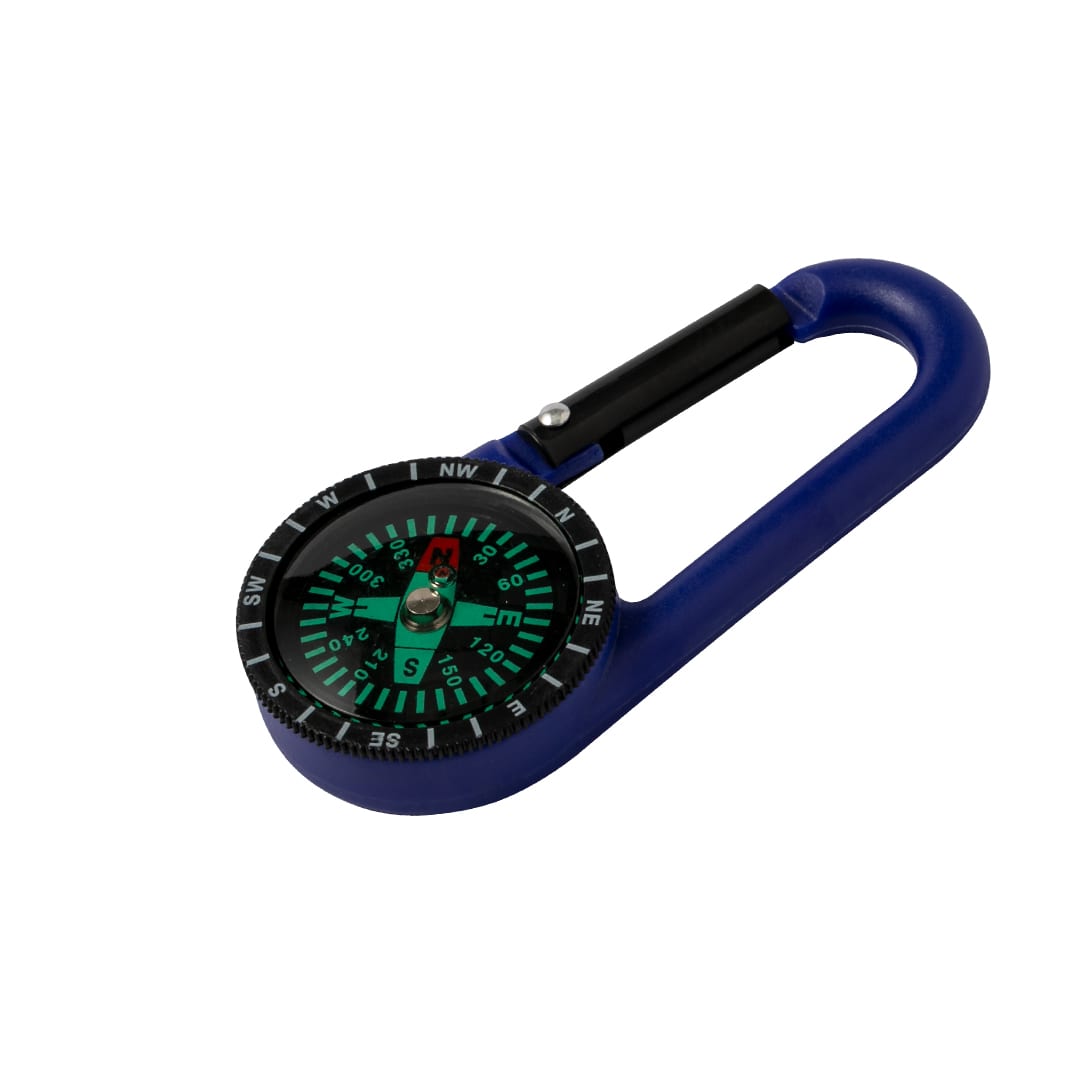 A blue carabiner featuring a compass with a green and black dial. It has a logo on the surface. Clark Compass - Image 1