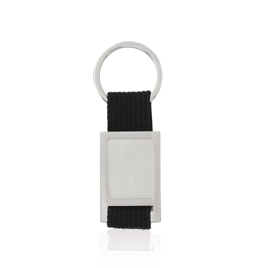 A black keyring with a silver metal attachment and a rectangular blank area for customisation. Dagor Keyring - Image 1