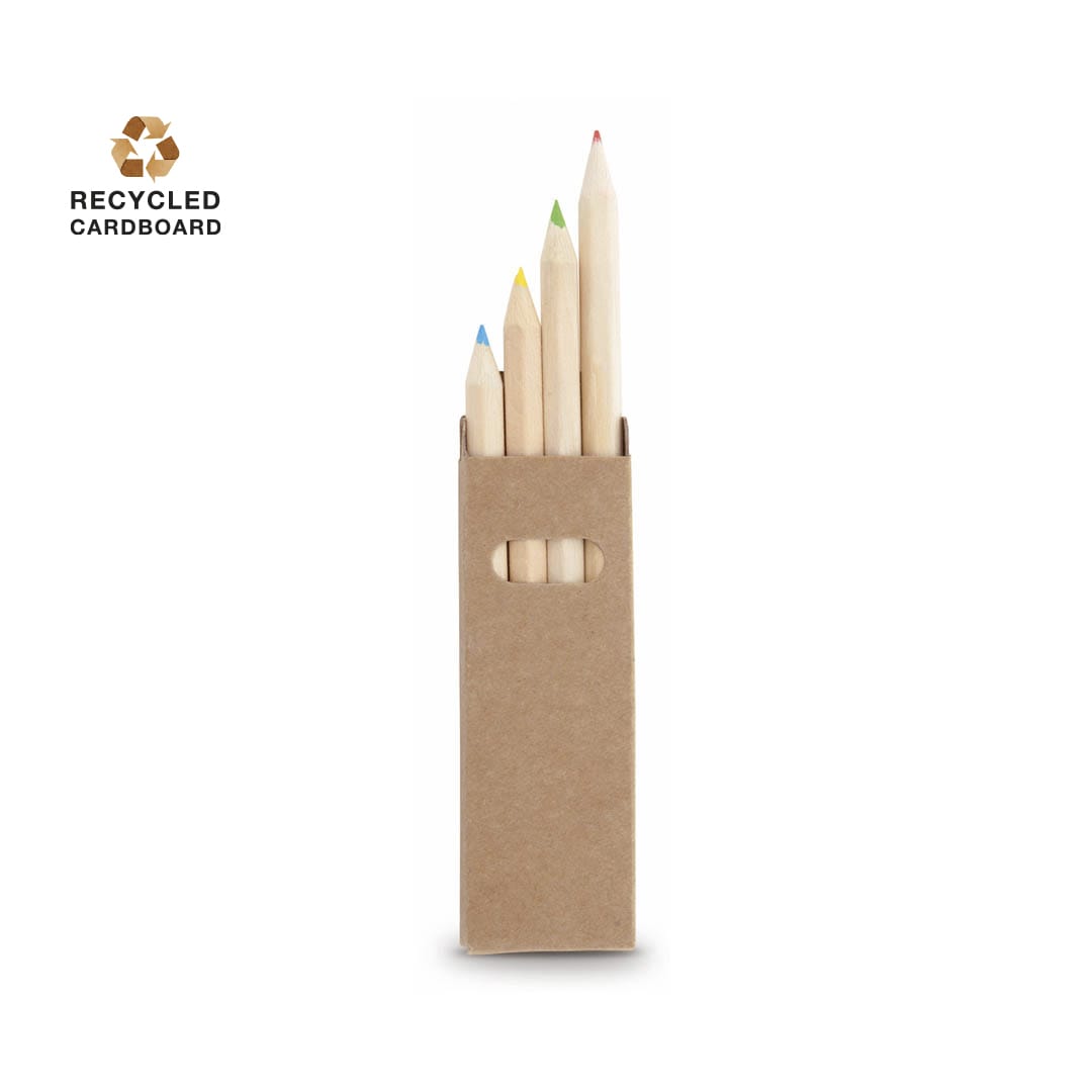 A pencil set featuring four coloured pencils (blue, green, yellow, red) in a recycled cardboard holder. Tynie Pencil Set - Image 1