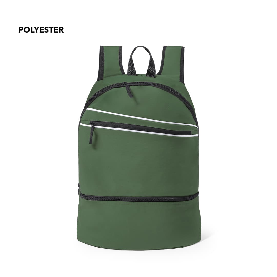 A green backpack with multiple zippered pockets and black straps. It features a logo on the fabric. Dorian Backpack - Image 1