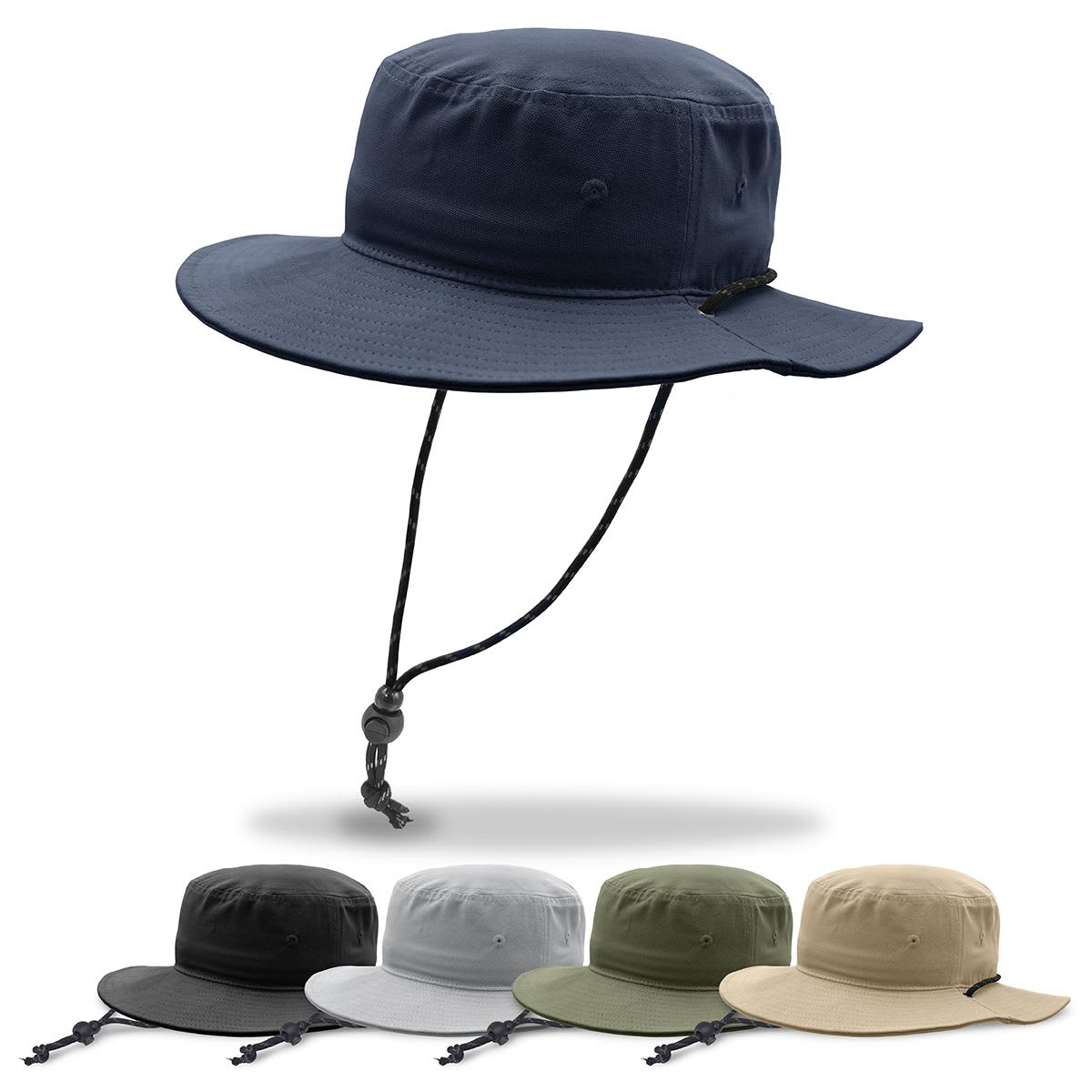 A bucket hat in navy with a drawstring, accompanied by versions in black, grey, olive, and sand. Bells Surf Hat - Image 1