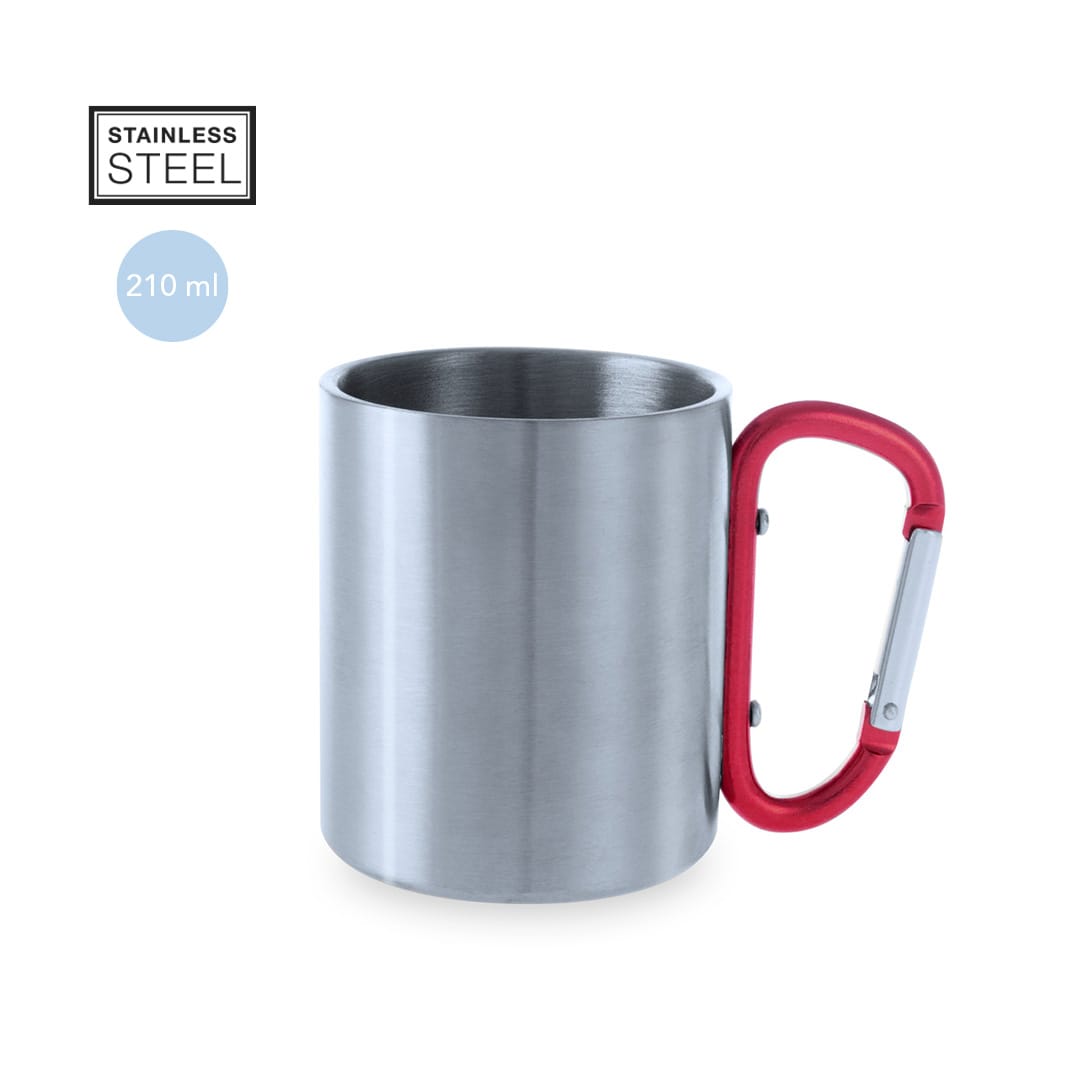 A stainless steel mug with a red carabiner handle, featuring a 210 ml capacity. Bastic Mug - Image 1