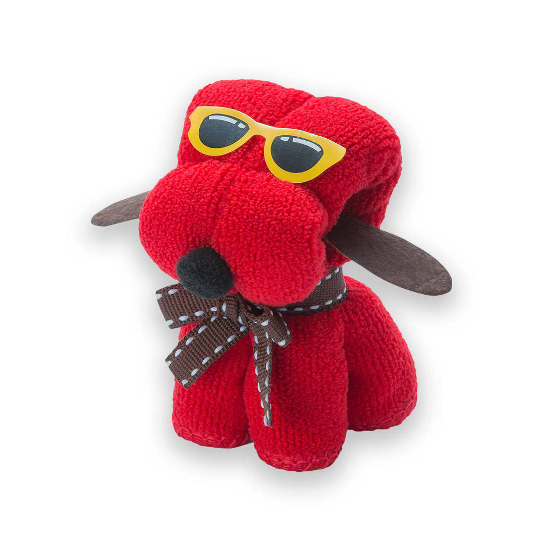 A red plush dog wearing sunglasses, with brown fabric ears and a check-patterned bow tie. It has a playful design. Rustuff Absorbent Towel - Image 1