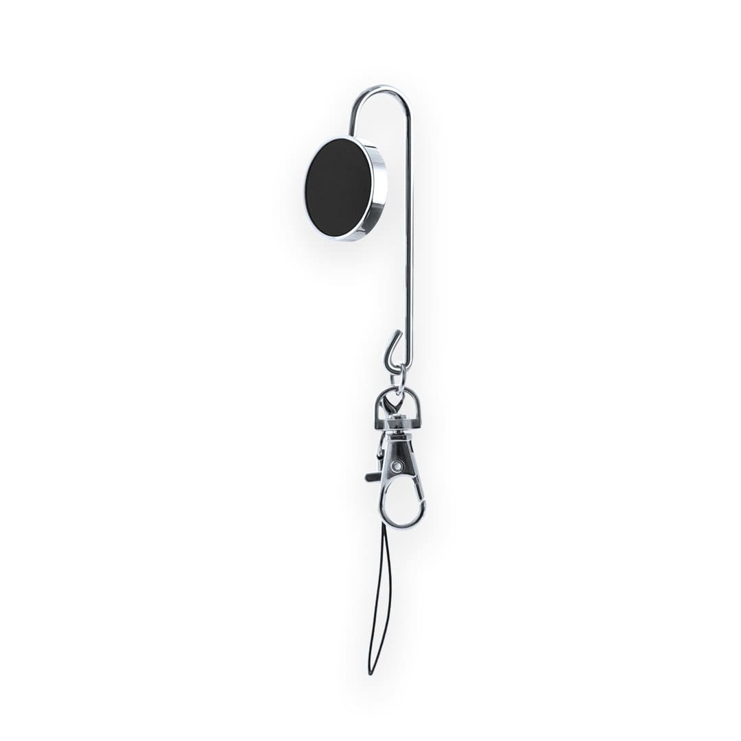 A chrome key finder with a magnet and a clip, featuring a black circular top. Lysia Bag Hanger Key Finder - Image 1