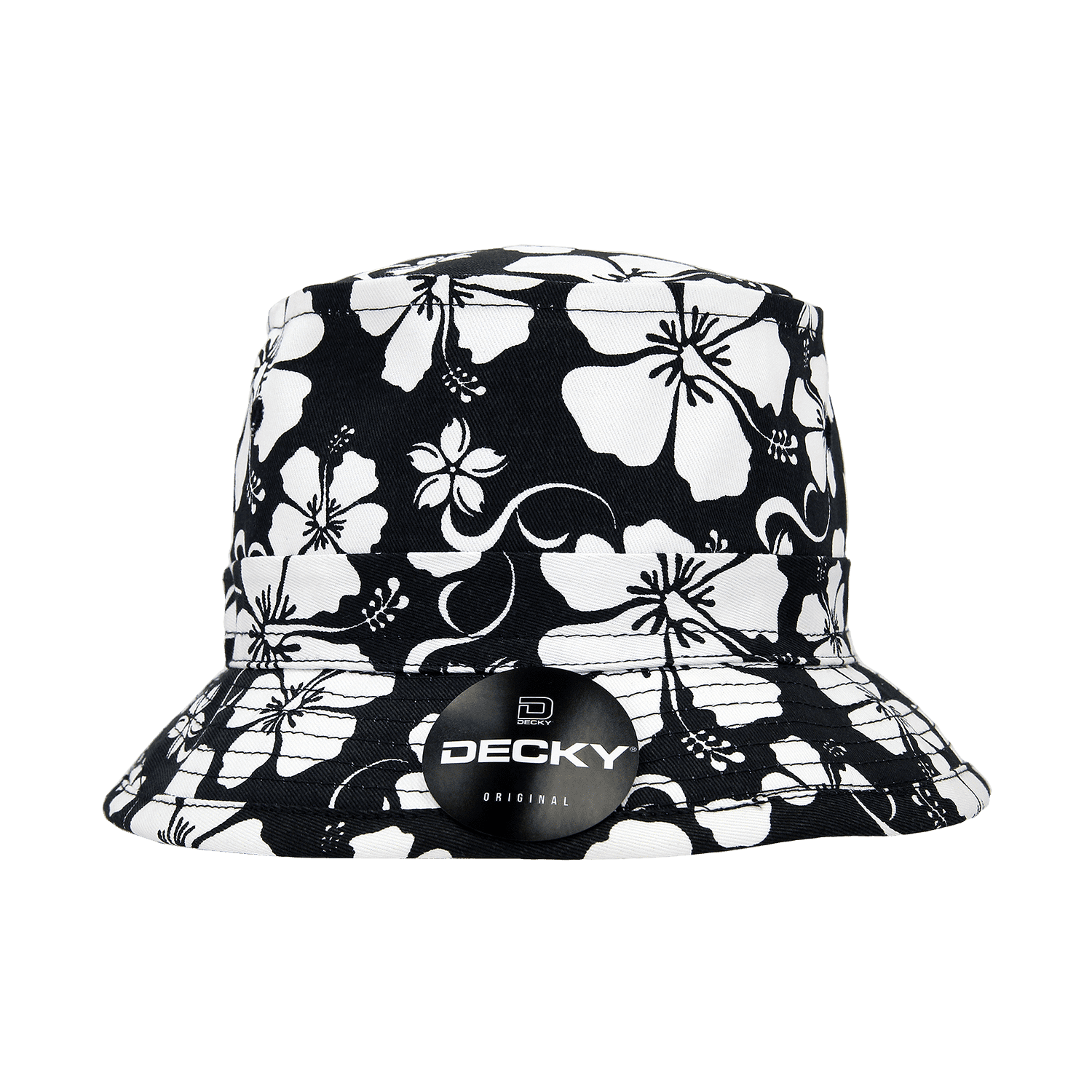 A structured floral fisherman's hat featuring a black and white floral pattern and a branded badge. Structured Floral Fisherman's Hat - Image 1