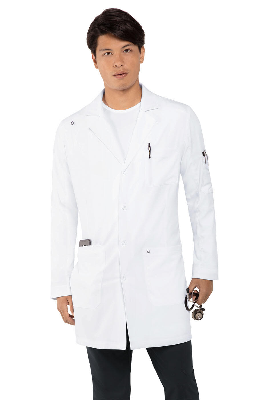 A white lab coat is worn by a man holding a stethoscope, featuring a logo on the sleeve. His Everyday Lab Coat - Image 1