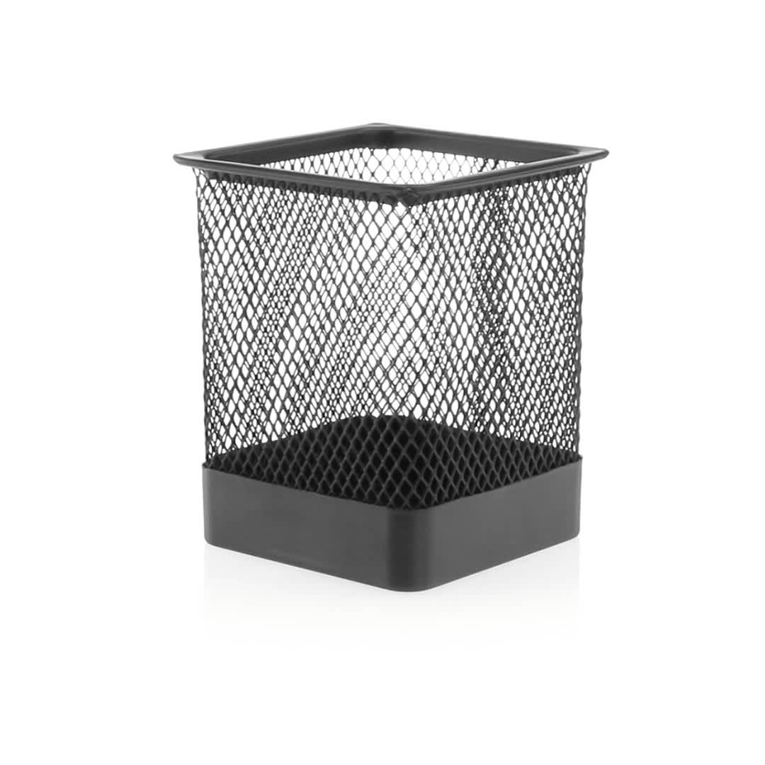 A black mesh pencil holder with a square base, designed for office storage. It features a branding logo. Tipel Pencil Holder - Image 1