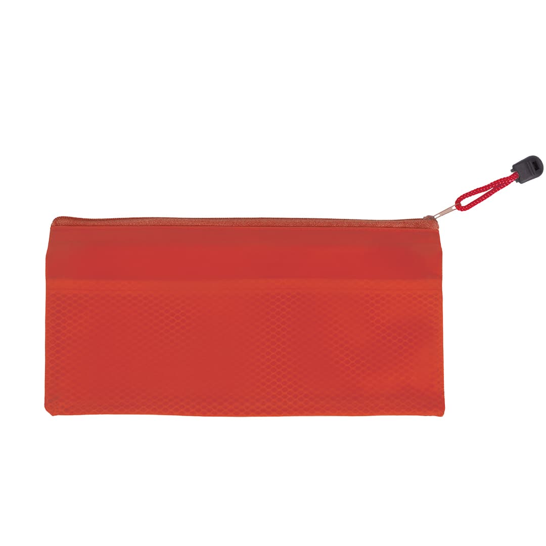 An orange pencil case with a textured finish and a red drawstring closure. It has a logo on it. Latber Pencil Case - Image 1