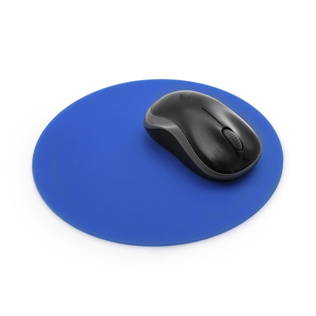 A blue mousepad with a black computer mouse resting on it, featuring a smooth surface and a circular shape. Exfera Mousepad - Image 1