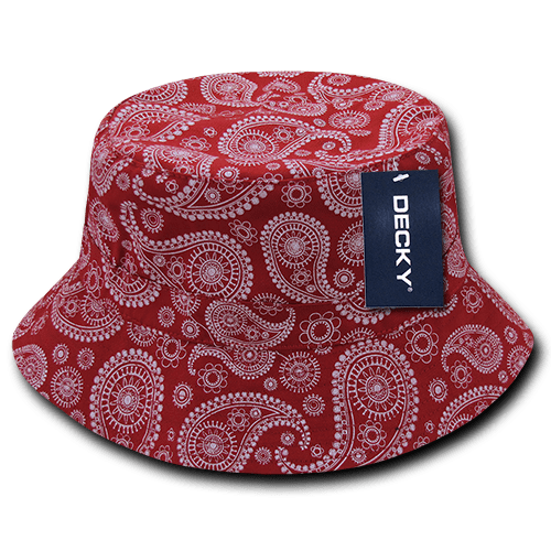 A red paisley bucket hat featuring a white pattern and a brand label. Relaxed Paisley Buckets - Image 1