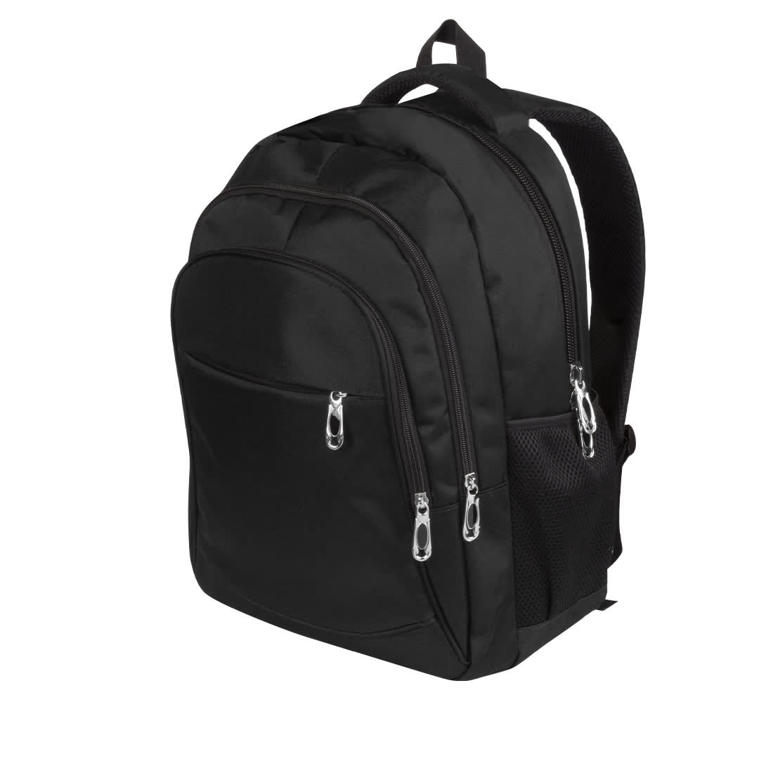 A black backpack with multiple zippered compartments and a mesh side pocket, featuring adjustable straps and a logo. Arcano Backpack - Image 1