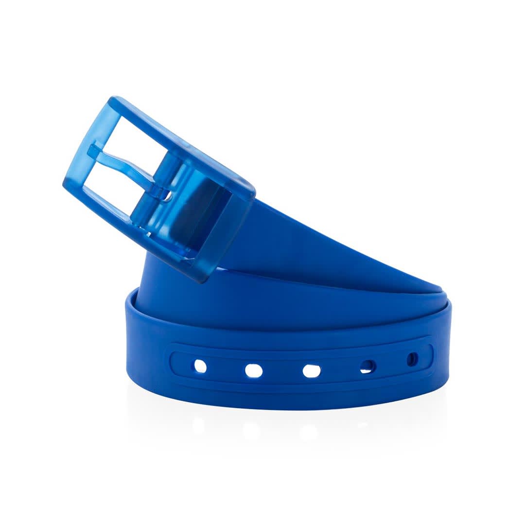 A blue belt with a transparent buckle, featuring multiple holes for adjustments and a sleek design. Kyiss Belt - Image 1