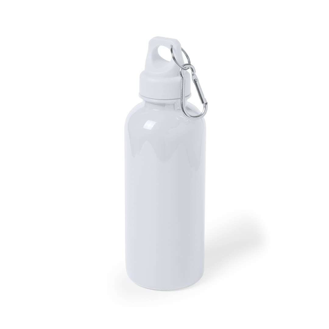 A drink bottle in white with a carabiner clip, featuring a smooth, glossy surface and a simple design. Zanip Bottle - Image 1