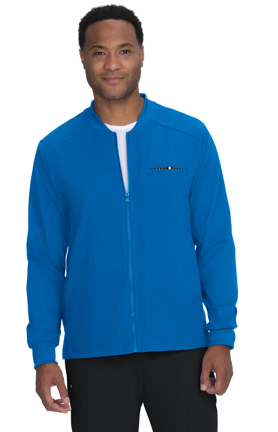 A blue jacket with a zip and a logo, worn by a man standing against a plain background. Ready Set Go Jacket - Image 1