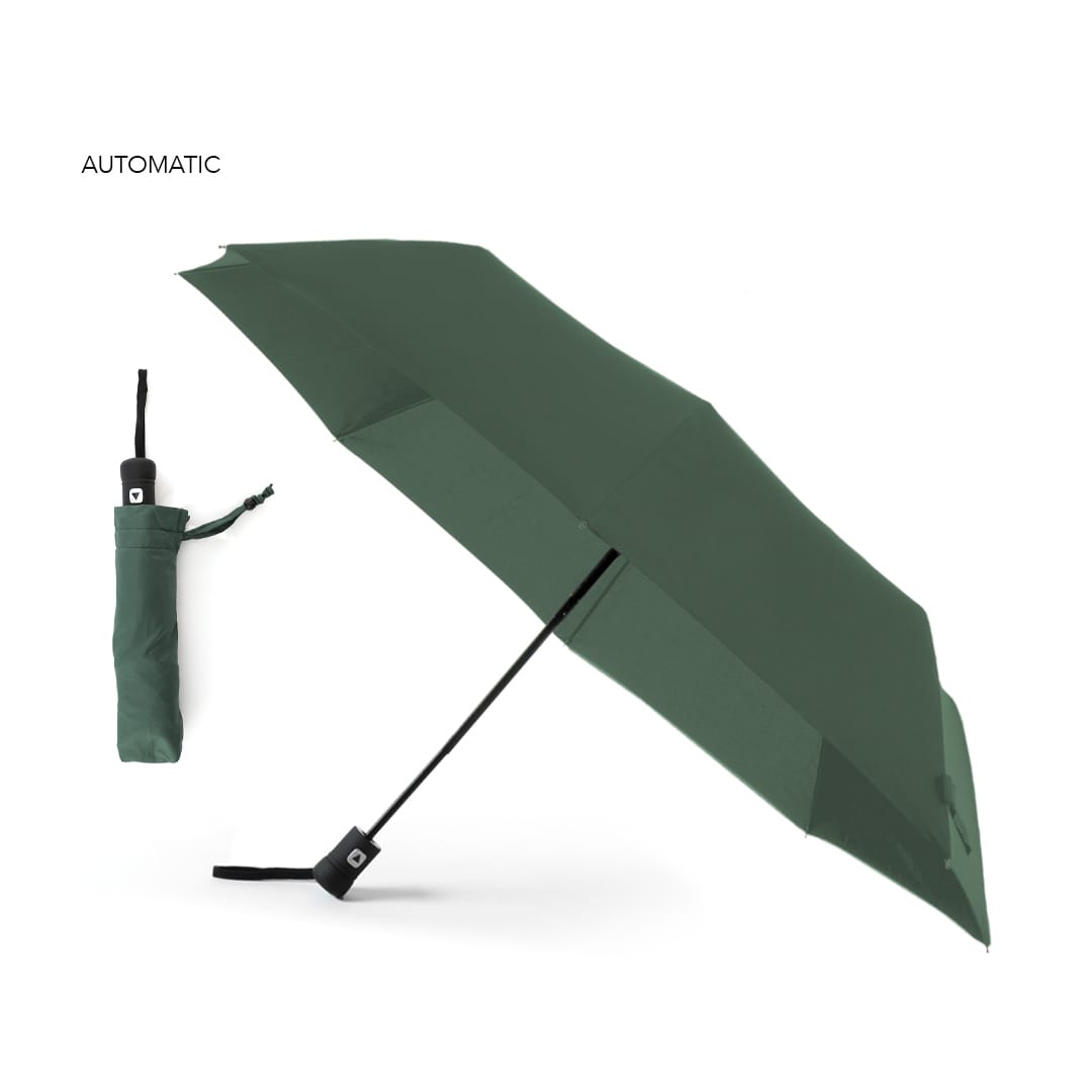 A green automatic umbrella displayed alongside its matching carrying pouch. The umbrella is partially opened. Hebol Umbrella - Image 1