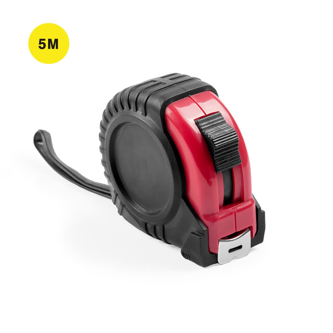 A black and red grade 5m tape measure with a textured grip and a metal hook. It features a circular design and has a logo. Grade 5m Tape Measure - Image 1