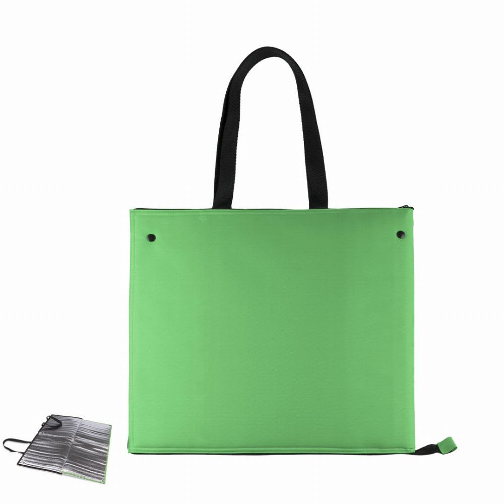 A green tote bag with black handles and a foldable design, accompanied by a matching accessory. Klab - Image 1
