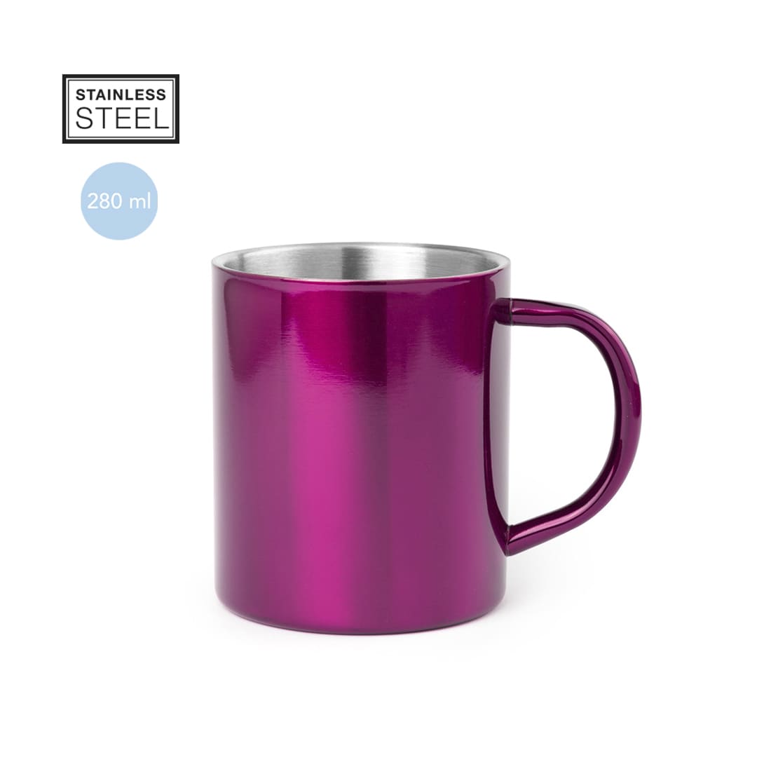 A stainless steel coffee mug with a shiny magenta exterior and a smooth, metallic interior, holding 280 ml. Yozax Mug - Image 1
