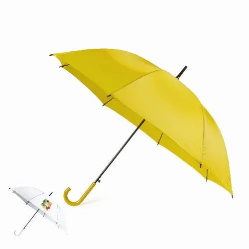 A yellow umbrella with a black handle is prominently featured, alongside a smaller white umbrella with a logo. Meslop - Image 1