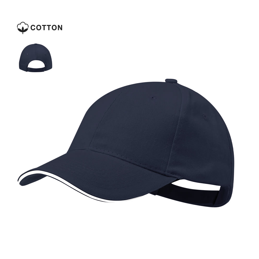 A navy cap made of cotton featuring a contrasting trim and an adjustable strap, with a logo on the side. Rubec Cap - Image 1
