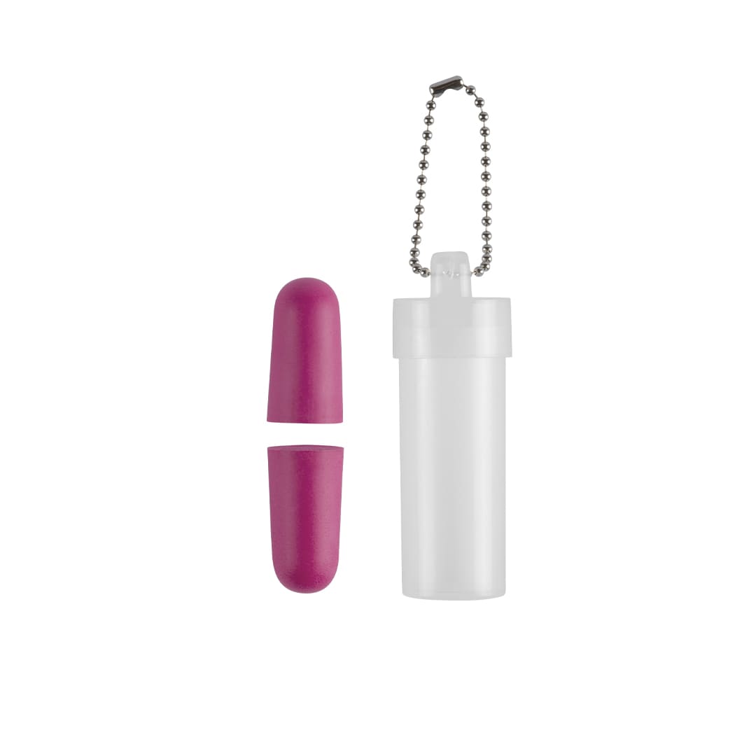 A clear carrying case with a pink earplug and its matching cap. Features a small chain attached. Panoss Earplugs - Image 1