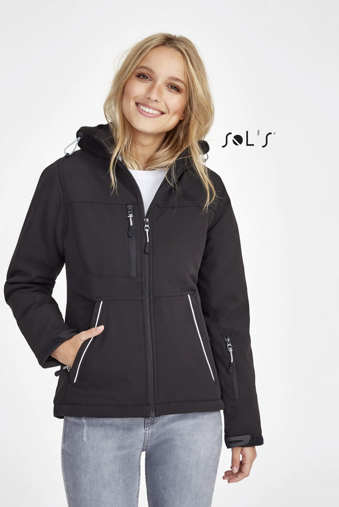 A women's black softshell jacket featuring a hood, zippers, and a logo, designed to be waterproof and breathable. Jacket women's softshell 8000mm waterproof, breathable ROCK - Image 1