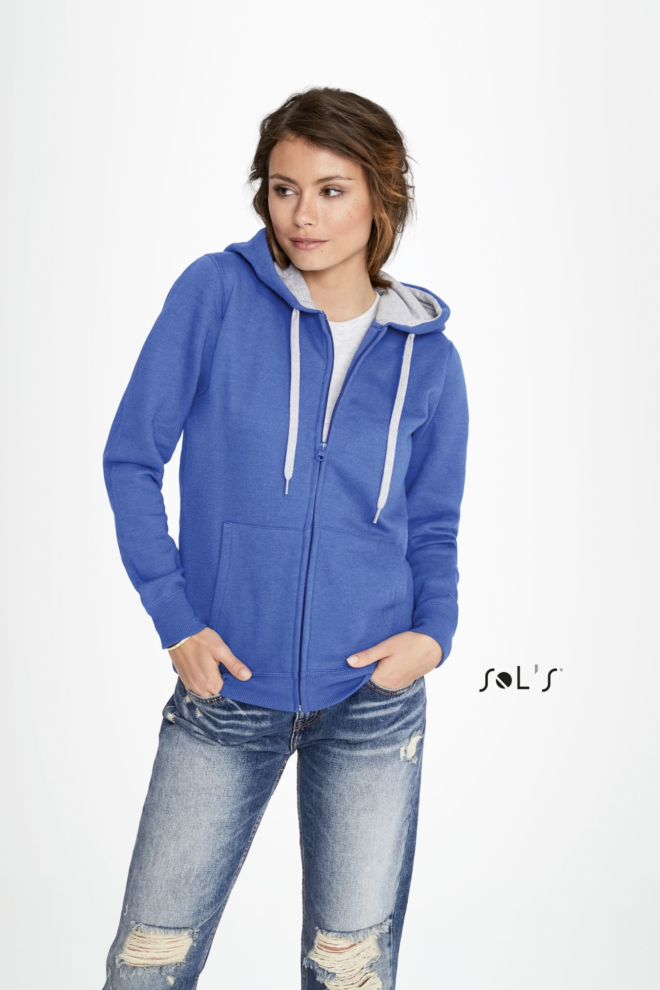 A women's hoodie in blue, made of 50% cotton and 50% polyester, featuring a zip and a front pocket. Hoodie Womens 50% cotton 50% polyester brushed fleece lining hidden zipo SOUL - Image 1