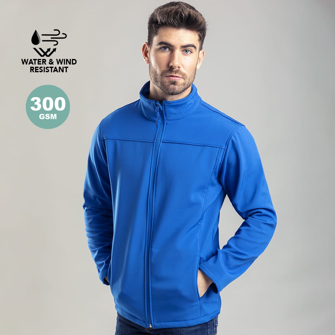 A blue Baidok Jacket with a soft shell design, featuring a branding logo, suitable for water and wind resistance. Baidok Jacket - Image 1