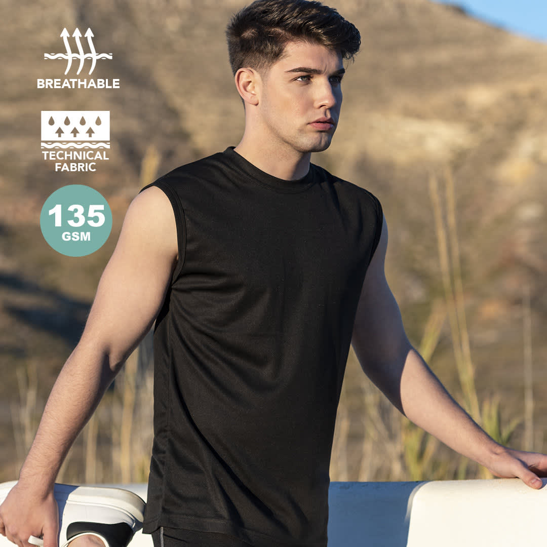 A black sleeveless adult t-shirt made from breathable technical fabric. Features a logo. Sunit Adult T-Shirt - Image 1