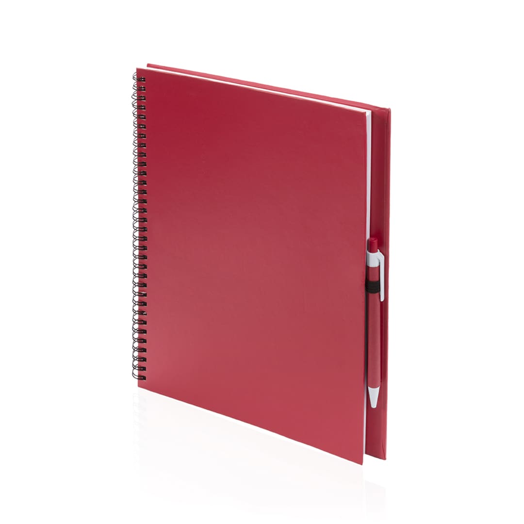 A red spiral-bound notebook with a matching pen, featuring a logo on the front cover. Tecnar Notebook - Image 1
