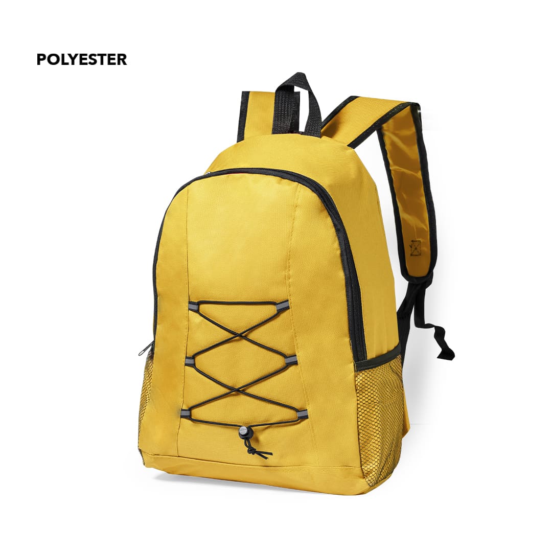 A yellow backpack made of polyester, featuring a front bungee cord design and side mesh pockets. Lendross Backpack - Image 1